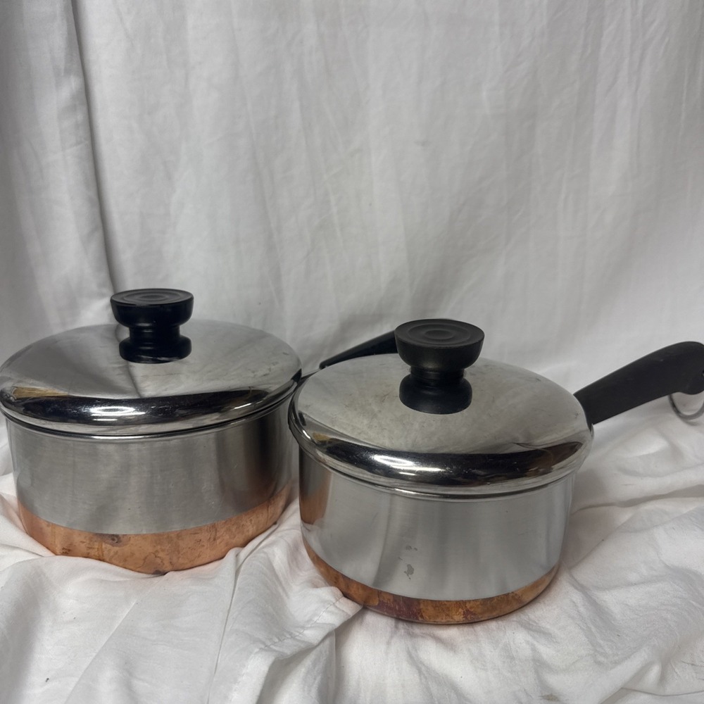 Vintage Revere Ware Sauce Pot Pan 2 Stainless Copper Clad 1 1/2 QT 1QT & Lids
